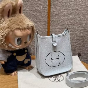 Hermes Evelyne 16 CM Bag Handmade In Taurillon Clemence Leather Sliver Hardware T0 Blue Brume - Image 13