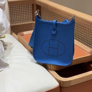 Hermes Evelyne 16 CM Bag Handmade In Taurillon Clemence Leather Silver Hardware T7 Blue Hydra - Image 4