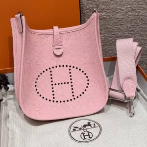 Hermes Evelyne 23 CM Bag Handmade In Taurillon Clemence Leather Silver Hardware 3q Rose Sakura
