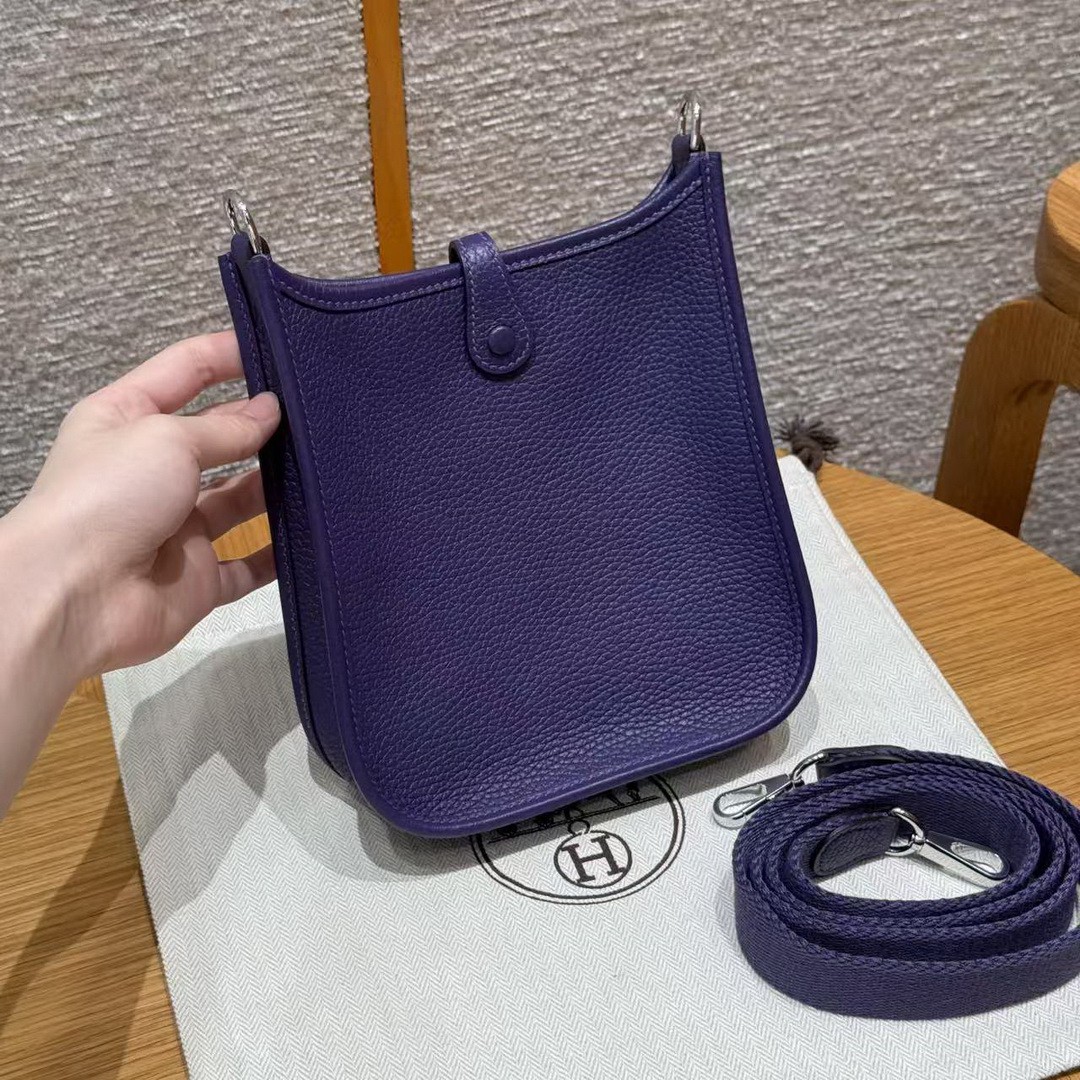 Hermes Evelyne 16 CM Bag Handmade In Taurillon Clemence Leather Silver Hardware 3w Prunoir - Image 2