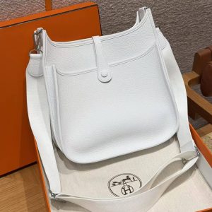 Hermes Evelyne 29 CM Bag Handmade In Taurillon Clemence Leather Silver Hardware 01 Blanc - Image 2