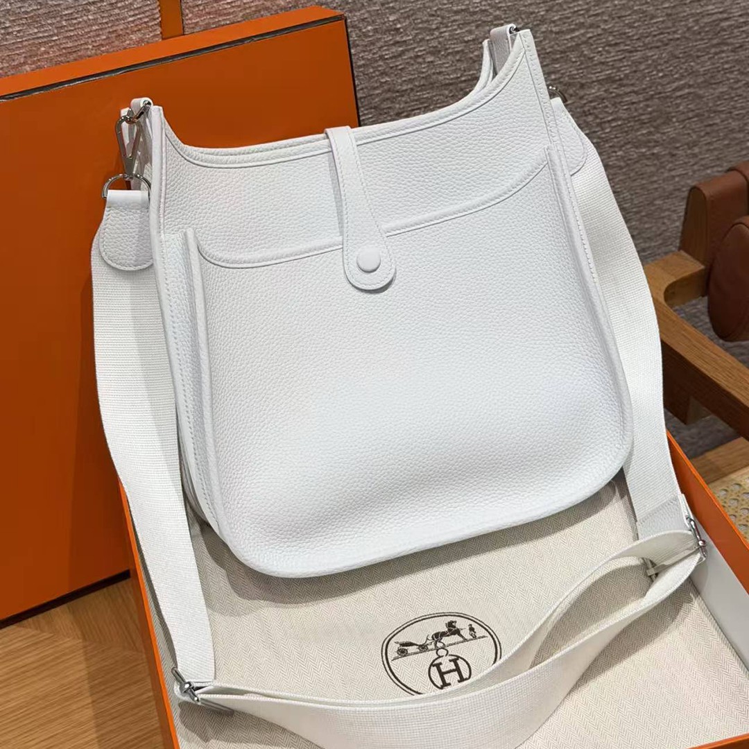 Hermes Evelyne 29 CM Bag Handmade In Taurillon Clemence Leather Silver Hardware 01 Blanc - Image 2