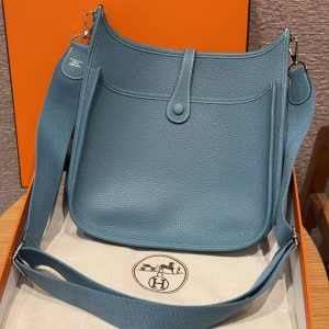 Hermes Evelyne 29 CM Bag Handmade In Taurillon Clemence Leather Silver Hardware 75 Blue Jean - Image 2