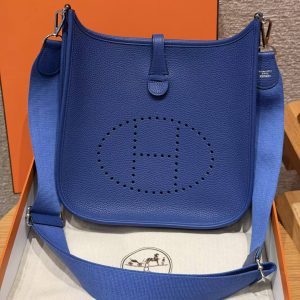 Hermes Evelyne 29 CM Bag Handmade In Taurillon Clemence Leather Silver Hardware 7T Blue Electric