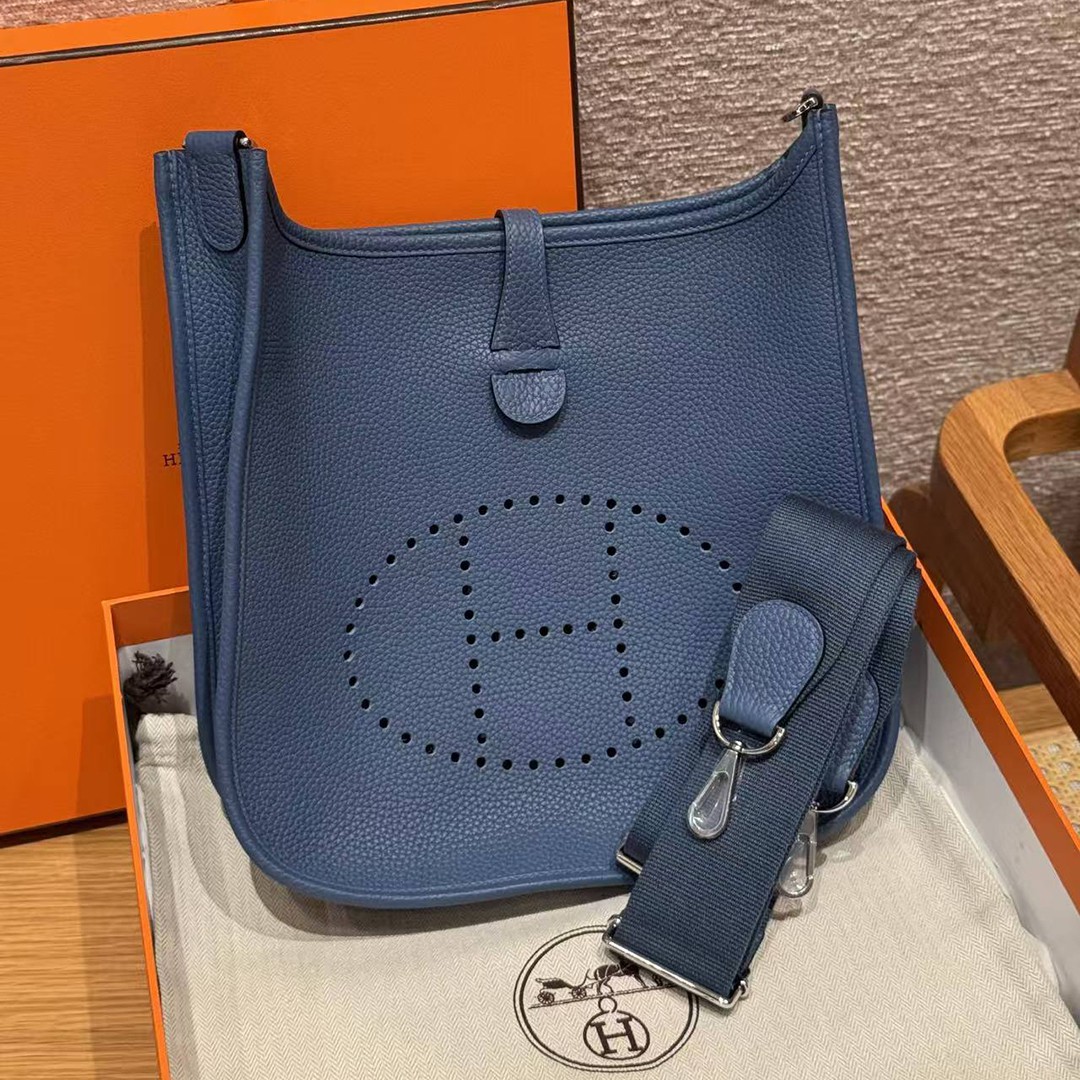 Hermes Evelyne 29 CM Bag Handmade In Taurillon Clemence Leather Silver Hardware R2 Blue Agate