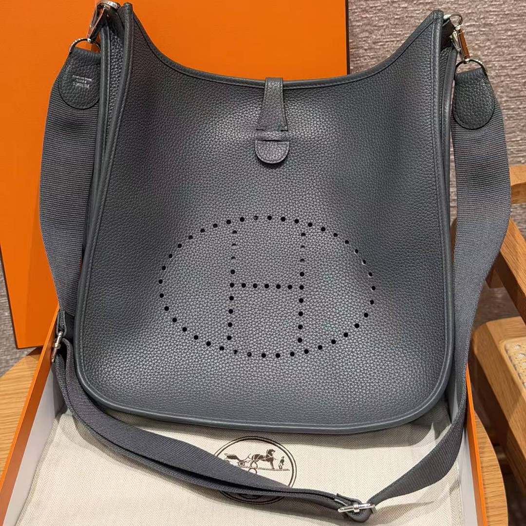 Hermes Evelyne 33 CM Bag Handmade In Taurillon Clemence Leather Silver Hardware 85 Ardoise