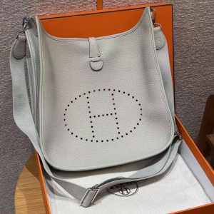 Hermes Evelyne 33 CM Bag Handmade In Taurillon Clemence Leather Silver Hardware 8L Beton