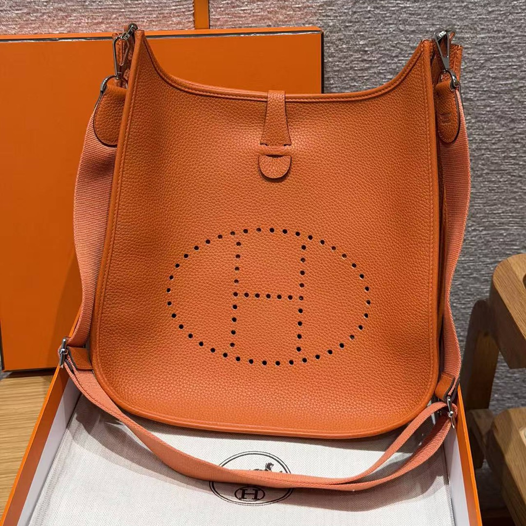 Hermes Evelyne 33 CM Bag Handmade In Taurillon Clemence Leather Silver Hardware 93 Orange
