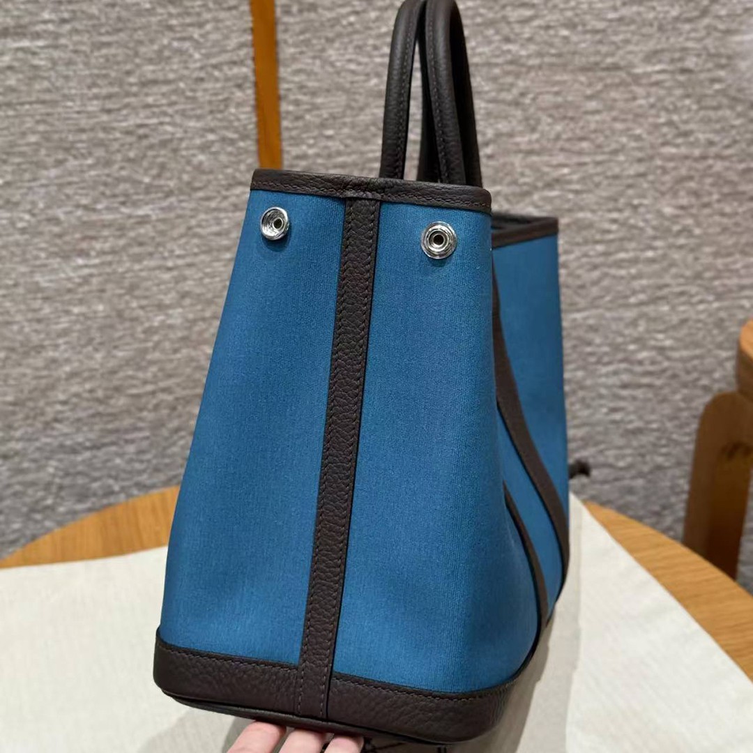 Hermes Garden Party 30 Bag Handmade In Negonda Calfskin Leather And Canvas Silver Hardware N7 Blue Tempete 46 Ebene - Image 7