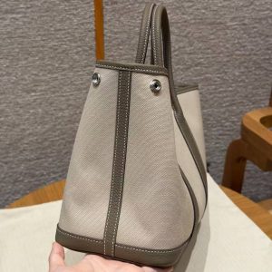 Hermes Garden Party 30 Bag Handmade In Negonda Calfskin Leather And Canvas Silver Hardware 8L Beton 18 Etoupe - Image 10