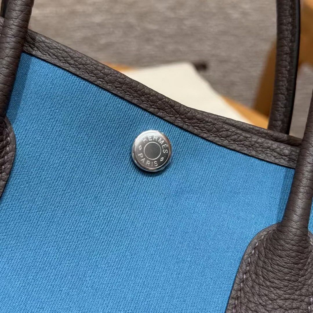 Hermes Garden Party 30 Bag Handmade In Negonda Calfskin Leather And Canvas Silver Hardware N7 Blue Tempete 46 Ebene - Image 9
