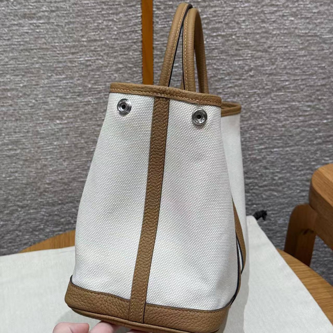 Hermes Garden Party 30 Bag Handmade In Negonda Calfskin Leather And Canvas Silver Hardware Ecru Biscuit Jaune Naples - Image 8