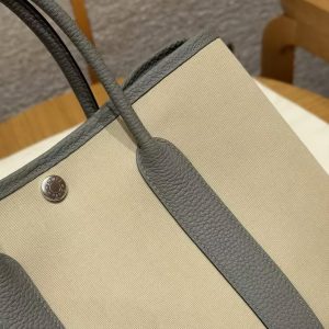Hermes Garden Party 30 Bag Handmade In Negonda Calfskin Leather And Canvas Silver Hardware Trench Girs Meyer Bleu Tempete - Image 5