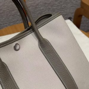 Hermes Garden Party 30 Bag Handmade In Negonda Calfskin Leather And Canvas Silver Hardware 8L Beton 18 Etoupe - Image 5