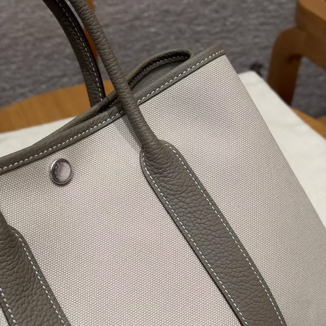 Hermes Garden Party 30 Bag Handmade In Negonda Calfskin Leather And Canvas Silver Hardware 8L Beton 18 Etoupe - Image 5