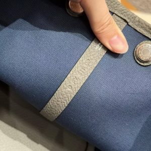 Hermes Garden Party 30 Bag Handmade In Negonda Calfskin Leather And Canvas Silver Hardware Trench Girs Meyer Bleu Tempete - Image 12