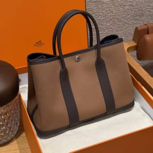 Hermes Garden Party 30 Bag Handmade In Negonda Calfskin Leather And Canvas Silver Hardware 3G Alezan 46 Ebene T7 Blue Hydra - Image 3