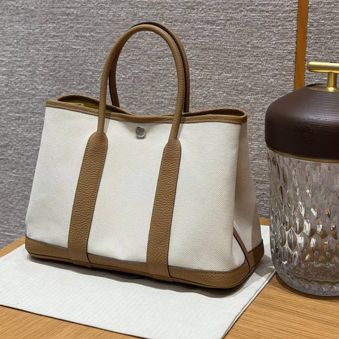 Hermes Garden Party 30 Bag Handmade In Negonda Calfskin Leather And Canvas Silver Hardware Ecru Biscuit Jaune Naples - Image 10