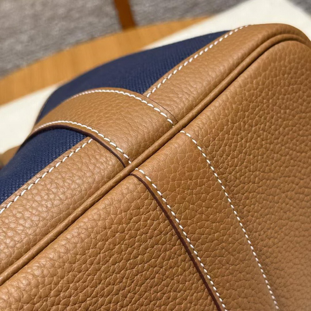 Hermes Garden Party 30 Bag Handmade In Negonda Calfskin Leather And Canvas Silver Hardware Blue Brighton Gold - Image 4