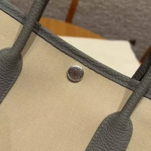 Hermes Garden Party 30 Bag Handmade In Negonda Calfskin Leather And Canvas Silver Hardware Trench Girs Meyer Bleu Tempete - Image 11