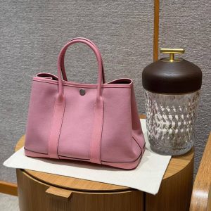 Hermes Garden Party 30 Bag Handmade In Negonda Calfskin Leather And Canvas Silver Hardware L4 Bubble Gum 1Q Rose Confetti B5 Ruby - Image 4