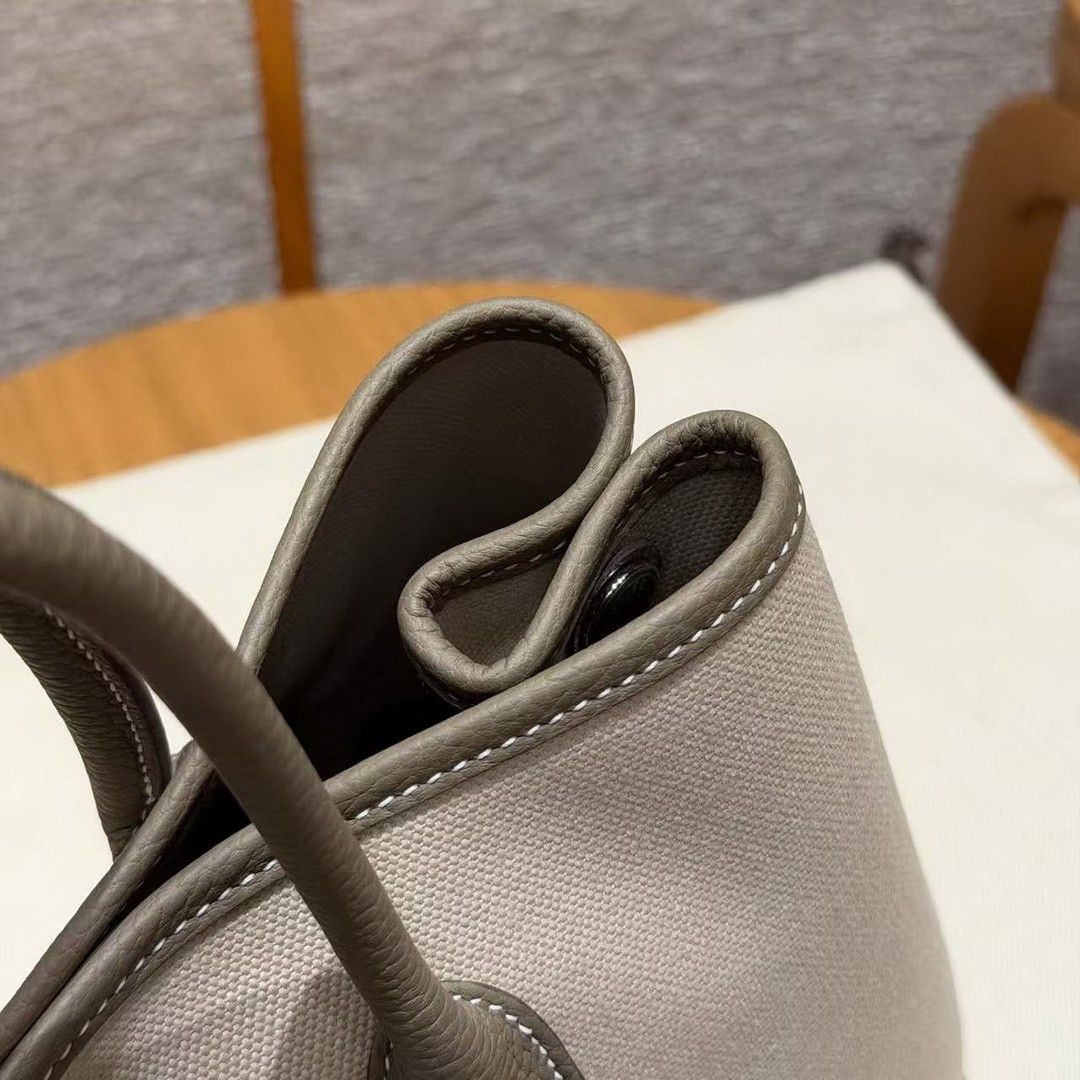 Hermes Garden Party 30 Bag Handmade In Negonda Calfskin Leather And Canvas Silver Hardware 8L Beton 18 Etoupe - Image 11