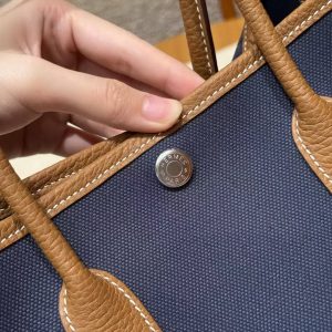 Hermes Garden Party 30 Bag Handmade In Negonda Calfskin Leather And Canvas Silver Hardware Blue Brighton Gold - Image 9