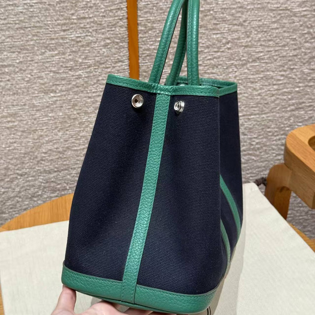 Hermes Garden Party 30 Bag Handmade In Negonda Calfskin Leather And Canvas Silver Hardware 78 Blue Marine U4 Very Vertigo - Image 7
