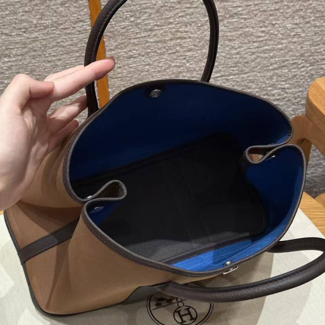 Hermes Garden Party 30 Bag Handmade In Negonda Calfskin Leather And Canvas Silver Hardware 3G Alezan 46 Ebene T7 Blue Hydra - Image 8