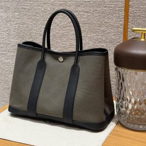 Hermes Garden Party 30 Bag Handmade In Negonda Calfskin Leather And Canvas Silver Hardware C6 Vert Girs 89 Noir - Image 9