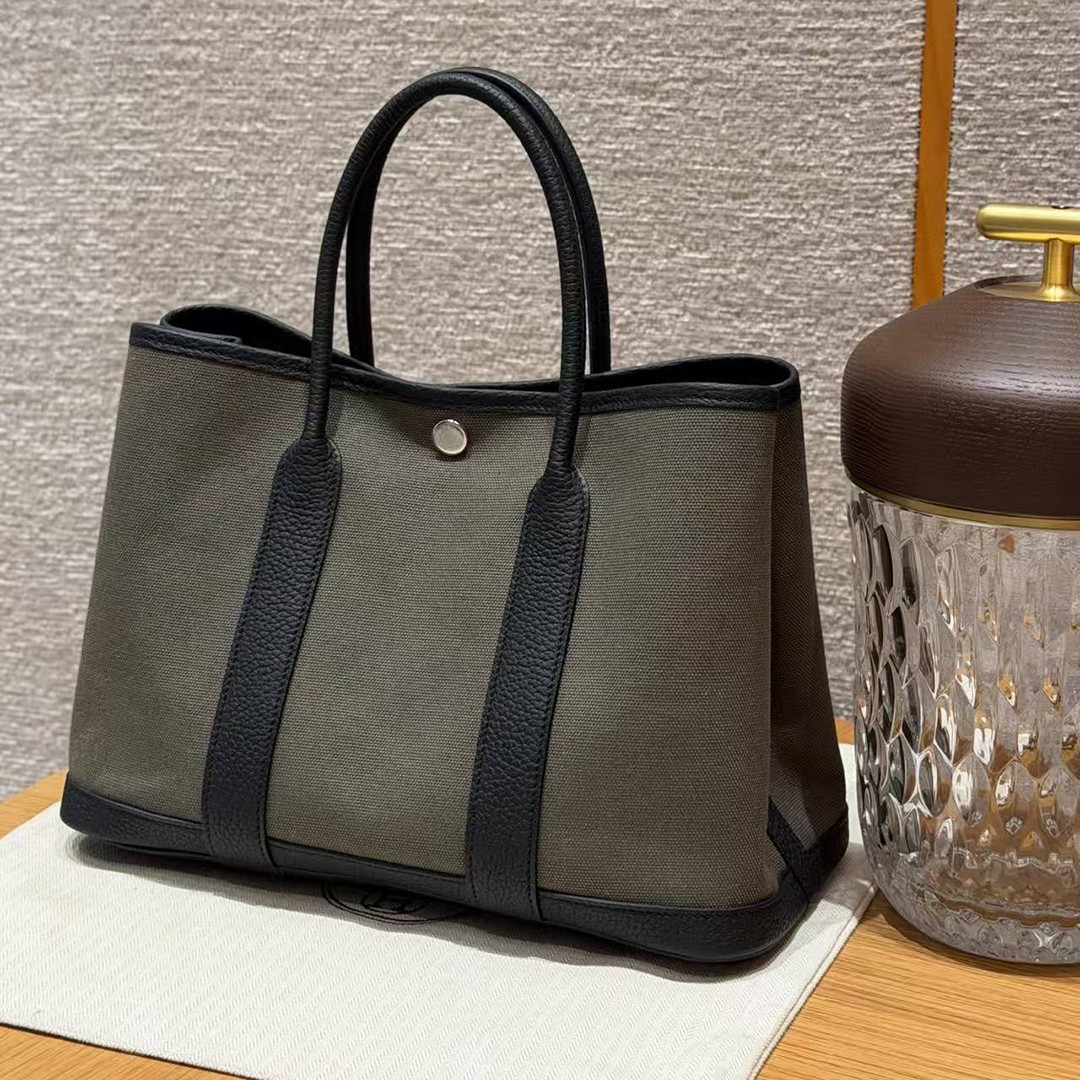 Hermes Garden Party 30 Bag Handmade In Negonda Calfskin Leather And Canvas Silver Hardware C6 Vert Girs 89 Noir - Image 9