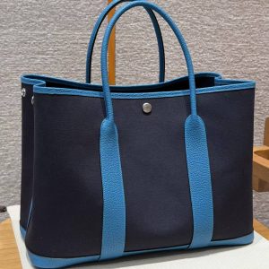 Hermes Garden Party 36 Bag Handmade In Negonda Calfskin Leather And Canvas Silver Hardware 78 Bleu Marine 7W Blue Lzmir - Image 12