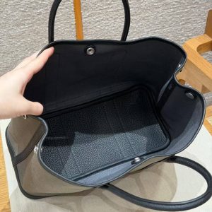 Hermes Garden Party 30 Bag Handmade In Negonda Calfskin Leather And Canvas Silver Hardware C6 Vert Girs 89 Noir - Image 13