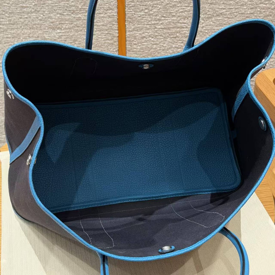 Hermes Garden Party 36 Bag Handmade In Negonda Calfskin Leather And Canvas Silver Hardware 78 Bleu Marine 7W Blue Lzmir - Image 17