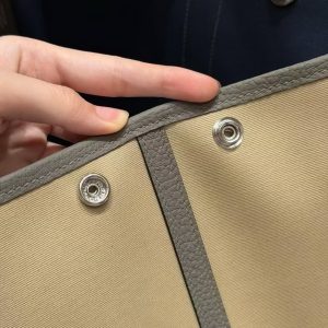 Hermes Garden Party 30 Bag Handmade In Negonda Calfskin Leather And Canvas Silver Hardware Trench Girs Meyer Bleu Tempete - Image 7