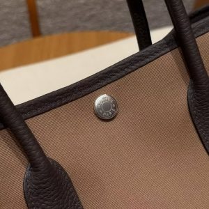 Hermes Garden Party 30 Bag Handmade In Negonda Calfskin Leather And Canvas Silver Hardware 3G Alezan 46 Ebene T7 Blue Hydra - Image 14