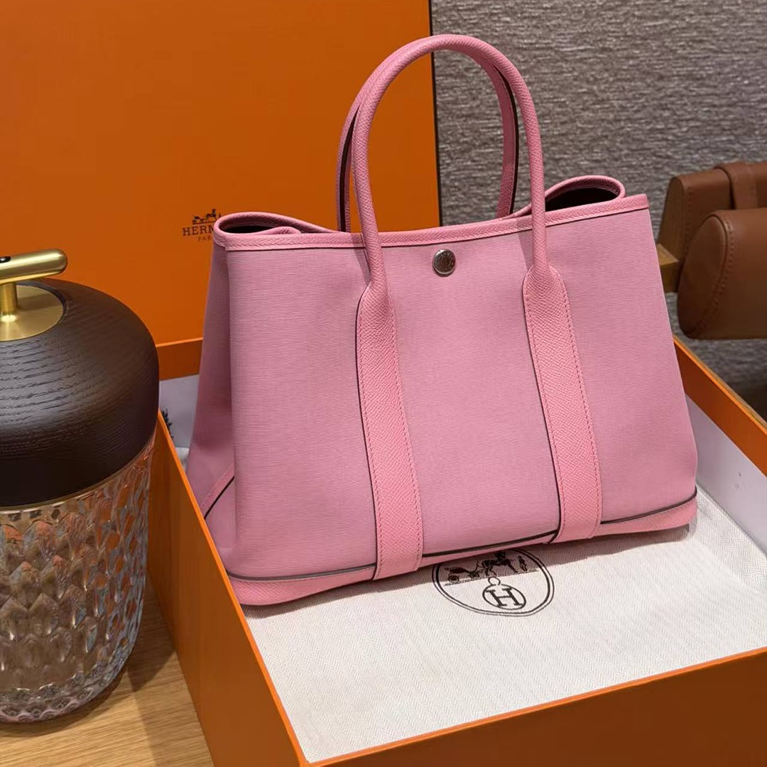 Hermes Garden Party 30 Bag Handmade In Negonda Calfskin Leather And Canvas Silver Hardware L4 Bubble Gum 1Q Rose Confetti B5 Ruby - Image 3
