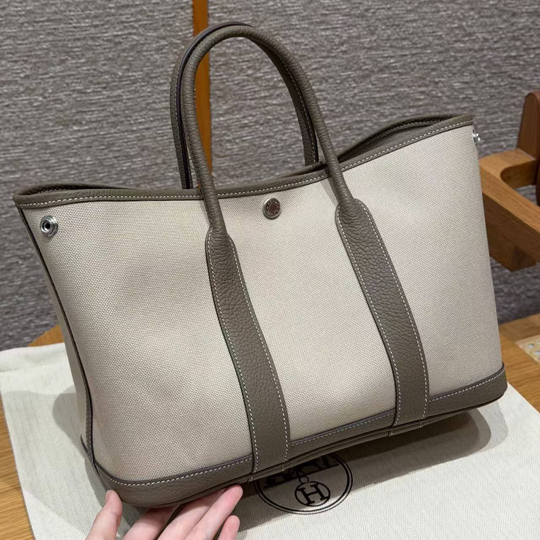 Hermes Garden Party 30 Bag Handmade In Negonda Calfskin Leather And Canvas Silver Hardware 8L Beton 18 Etoupe - Image 4