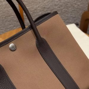 Hermes Garden Party 30 Bag Handmade In Negonda Calfskin Leather And Canvas Silver Hardware 3G Alezan 46 Ebene T7 Blue Hydra - Image 7