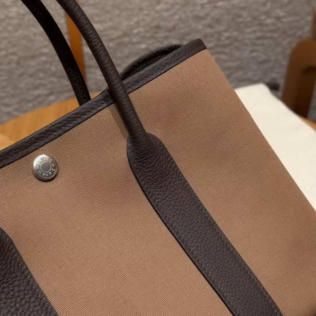 Hermes Garden Party 30 Bag Handmade In Negonda Calfskin Leather And Canvas Silver Hardware 3G Alezan 46 Ebene T7 Blue Hydra - Image 7