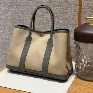 Hermes Garden Party 30 Bag Handmade In Negonda Calfskin Leather And Canvas Silver Hardware Trench Girs Meyer Bleu Tempete - Image 10