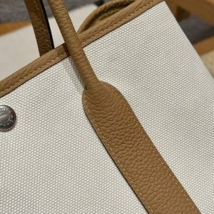 Hermes Garden Party 30 Bag Handmade In Negonda Calfskin Leather And Canvas Silver Hardware Ecru Biscuit Jaune Naples - Image 6