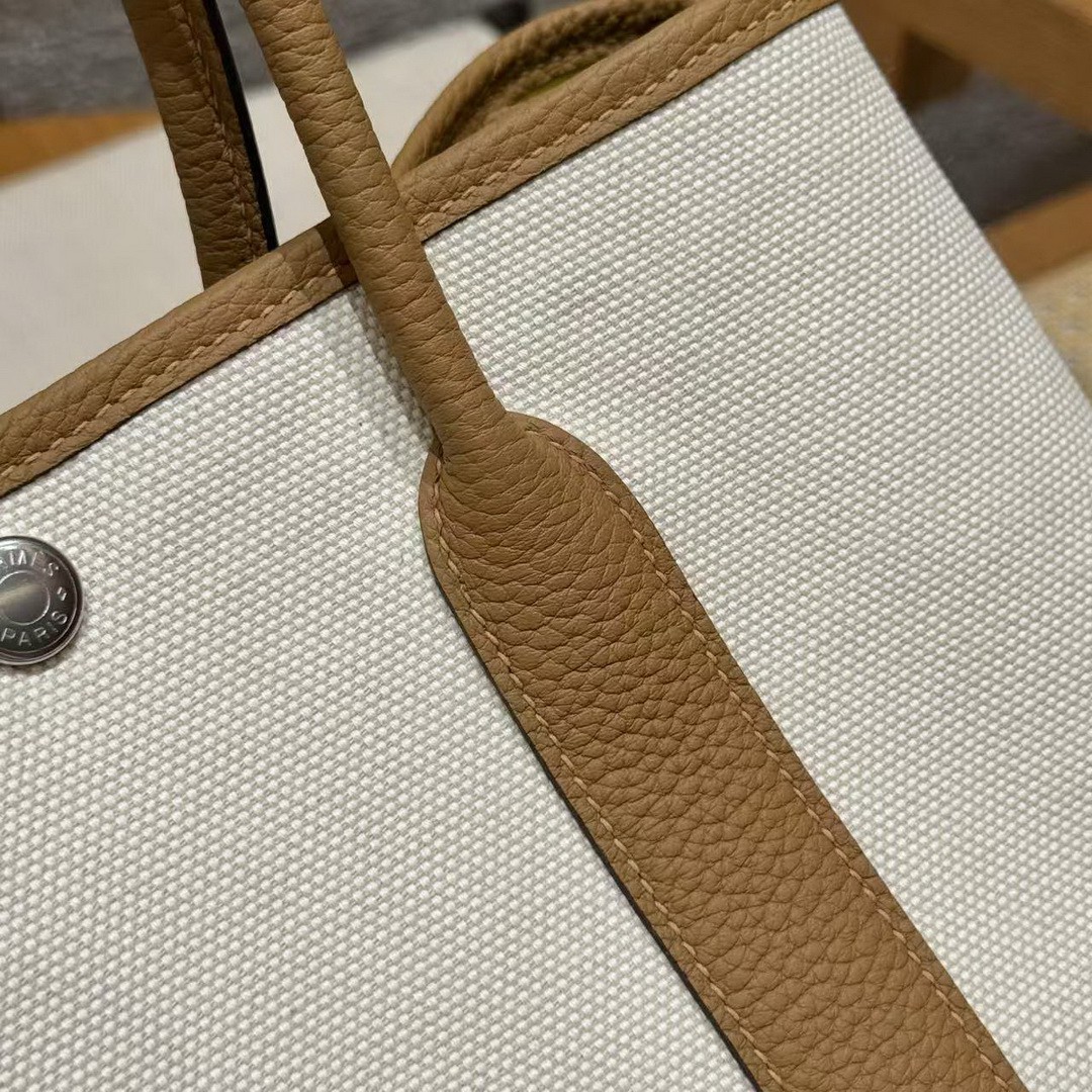 Hermes Garden Party 30 Bag Handmade In Negonda Calfskin Leather And Canvas Silver Hardware Ecru Biscuit Jaune Naples - Image 6