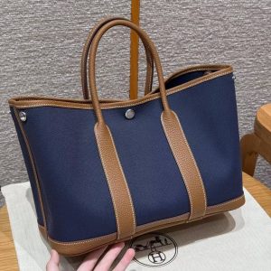 Hermes Garden Party 30 Bag Handmade In Negonda Calfskin Leather And Canvas Silver Hardware Blue Brighton Gold - Image 8