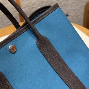 Hermes Garden Party 30 Bag Handmade In Negonda Calfskin Leather And Canvas Silver Hardware N7 Blue Tempete 46 Ebene - Image 2