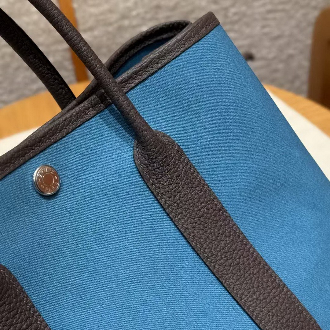 Hermes Garden Party 30 Bag Handmade In Negonda Calfskin Leather And Canvas Silver Hardware N7 Blue Tempete 46 Ebene - Image 2