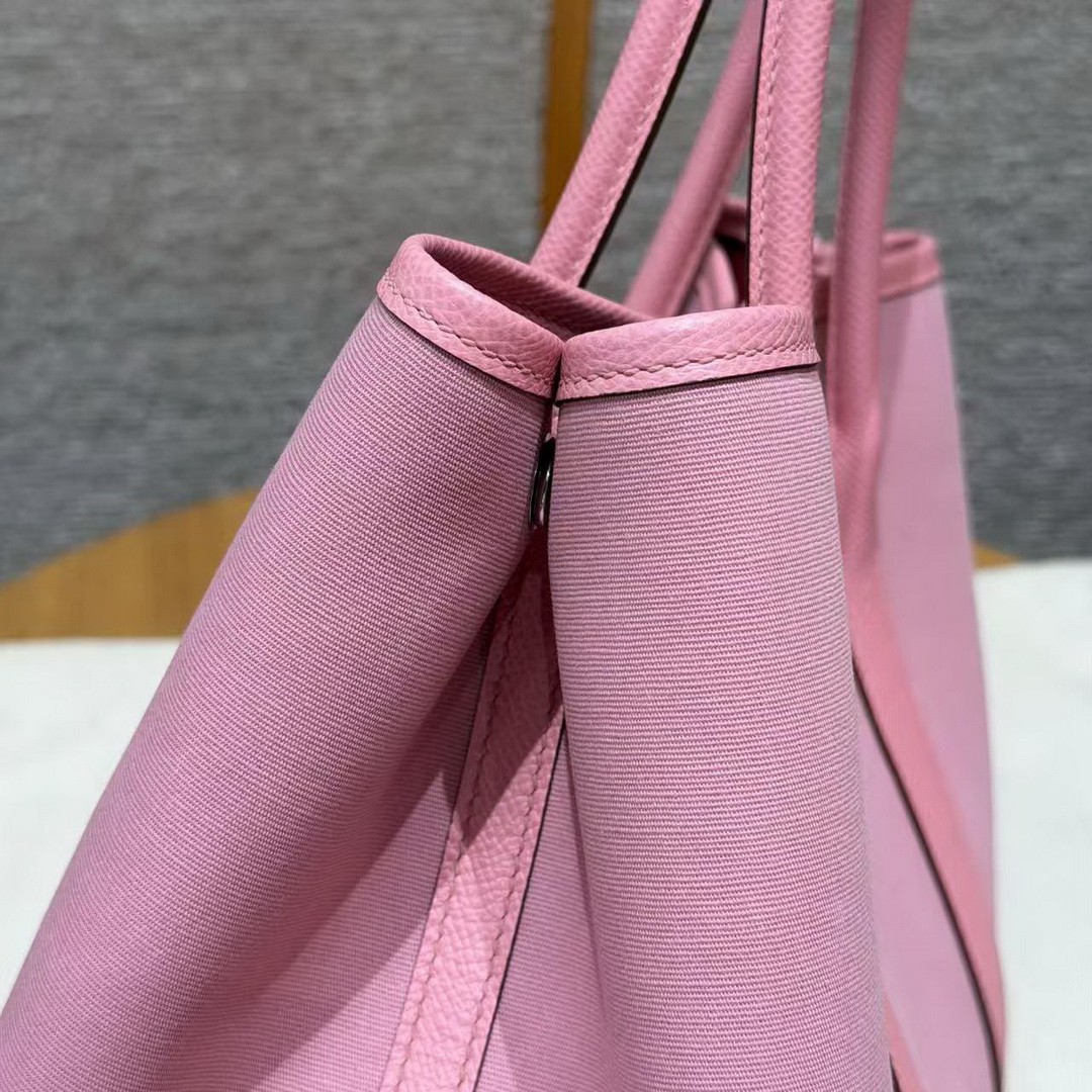 Hermes Garden Party 30 Bag Handmade In Negonda Calfskin Leather And Canvas Silver Hardware L4 Bubble Gum 1Q Rose Confetti B5 Ruby - Image 13