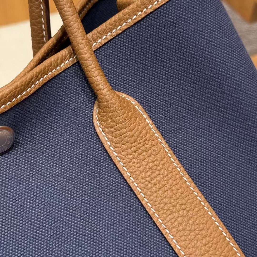 Hermes Garden Party 30 Bag Handmade In Negonda Calfskin Leather And Canvas Silver Hardware Blue Brighton Gold - Image 3
