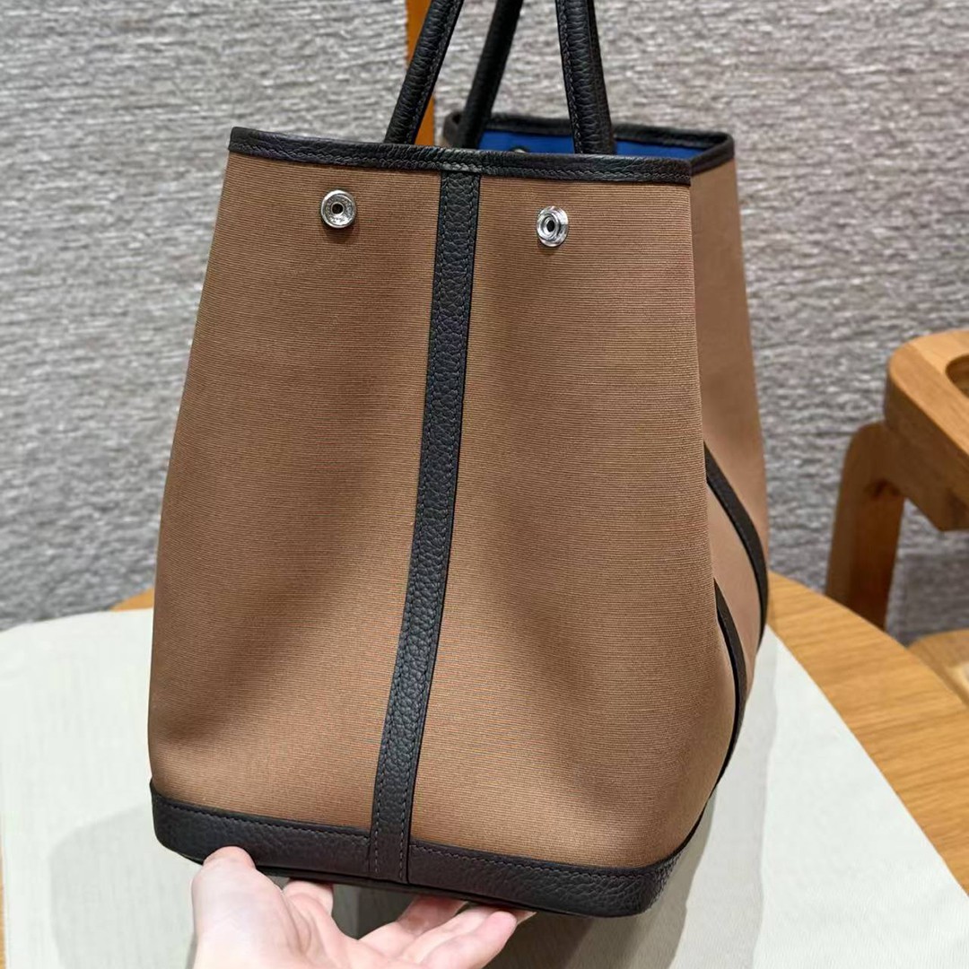Hermes Garden Party 36 Bag Handmade In Negonda Calfskin Leather And Canvas Silver Hardware 3G Alezan 46 Ebene T7 Blue Hydra - Image 13