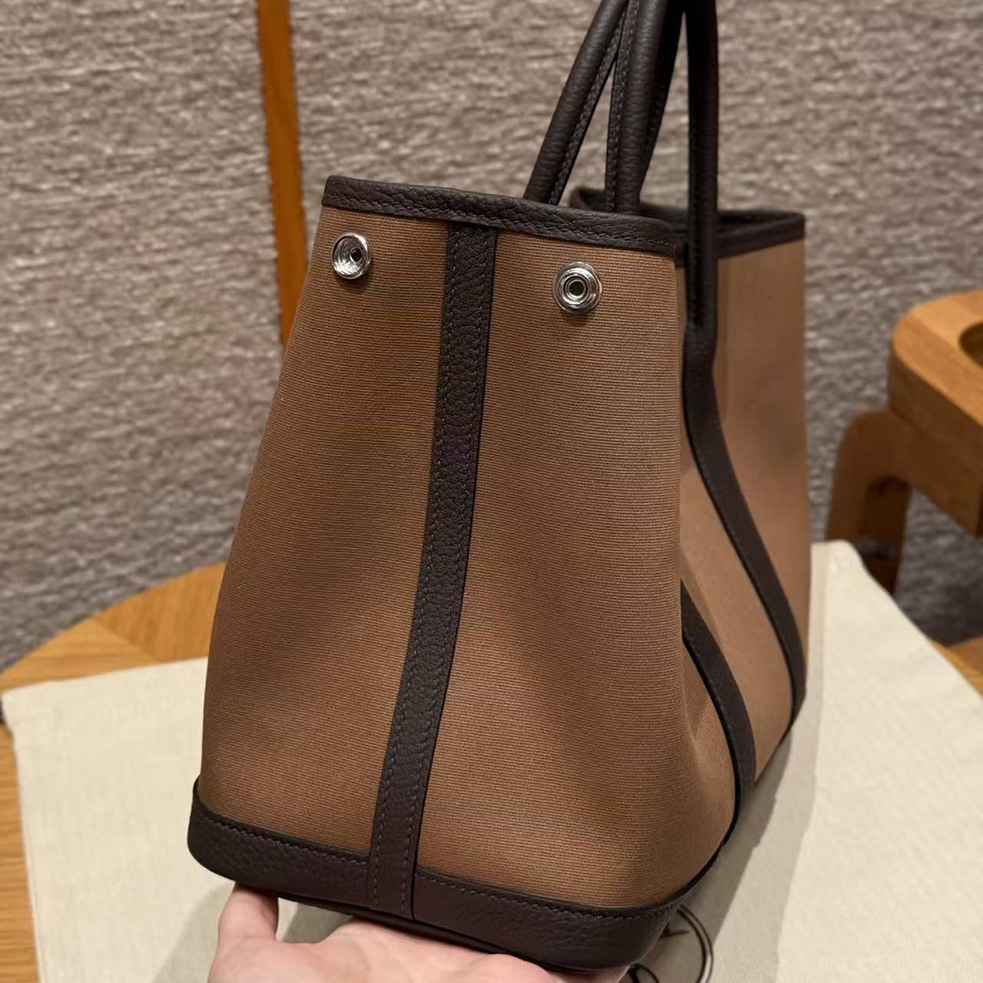 Hermes Garden Party 30 Bag Handmade In Negonda Calfskin Leather And Canvas Silver Hardware 3G Alezan 46 Ebene T7 Blue Hydra - Image 9